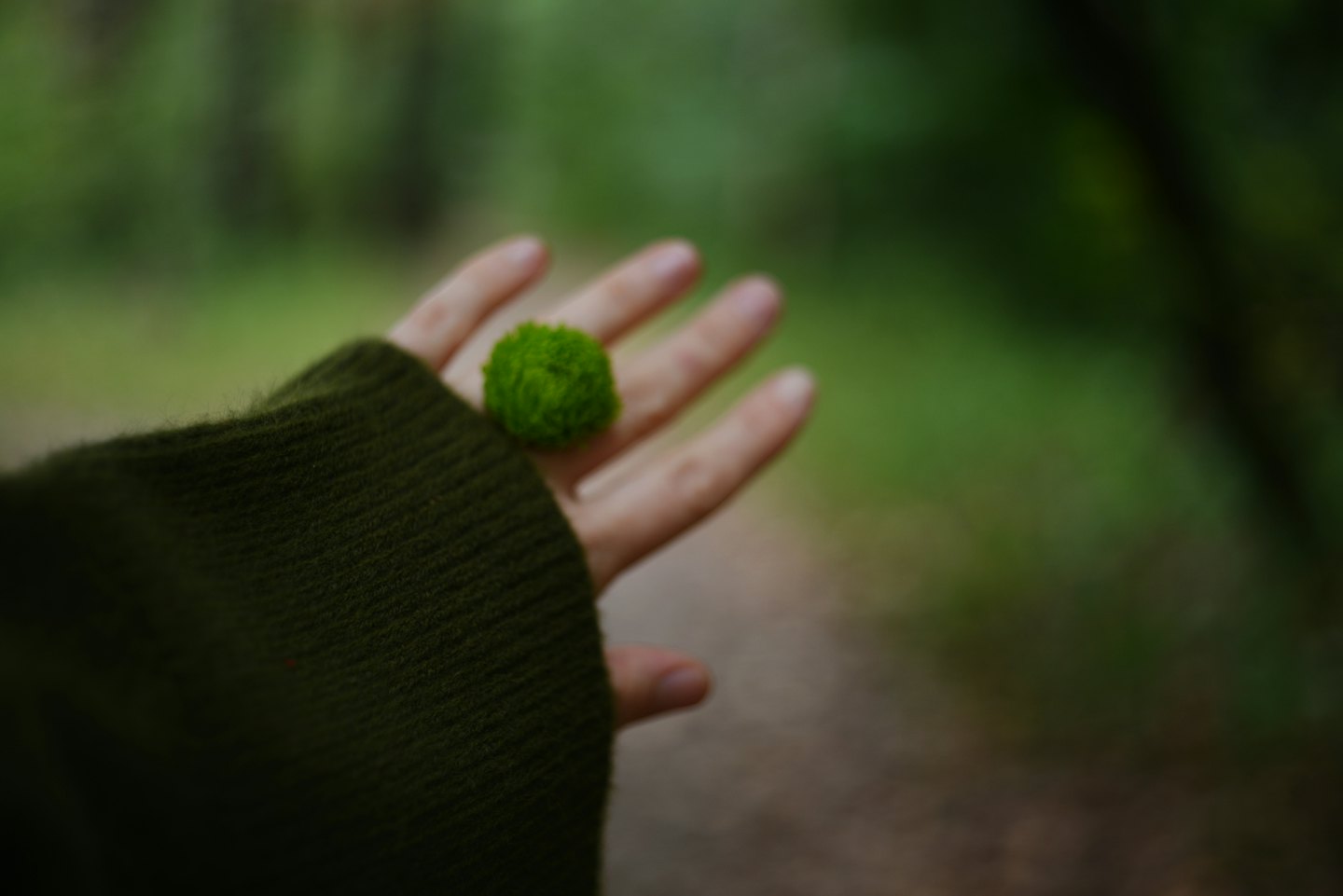 Hand in a green sleeve holding a small moss ball.